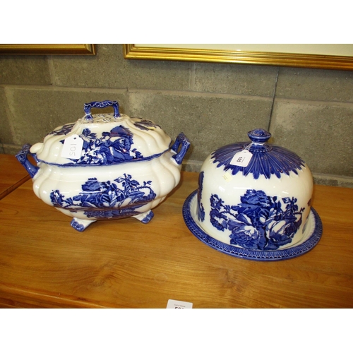 105 - Blue and White Pottery Soup Tureen with Ladle and Cheese Dish with Cover