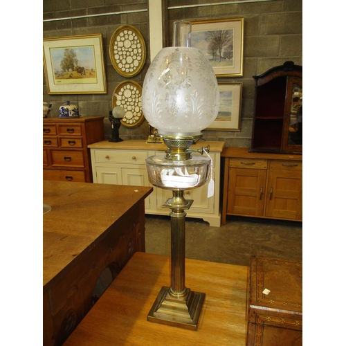 119 - Victorian Brass Pillar and Glass Reservoir Oil Lamp with Shade and Funnel