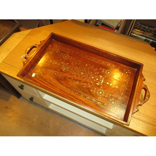 128 - Eastern Brass Inlaid Mahogany Tray