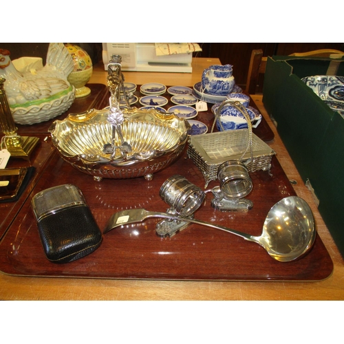 137 - Silver Plate and Leather Hip Flask, 2 Baskets, Ladle and Pair of Napkin Rings