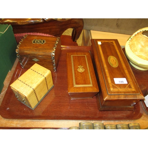 140 - Inlaid Mahogany Glove Box, Sarcophagus Box, Tea Caddy and Playing Card Box