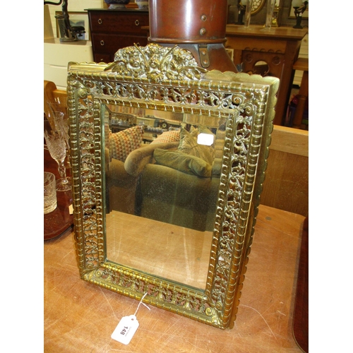 148 - Victorian Brass Frame Wall Mirror with Cherub Crest, 41x29cm