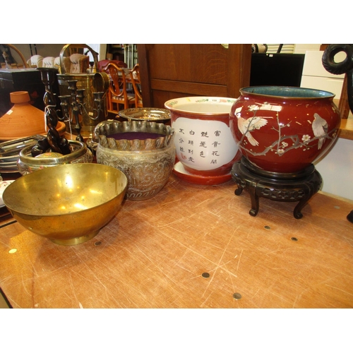 159 - Three Eastern Jardinières, Brass Bowl and a Wooden Stand