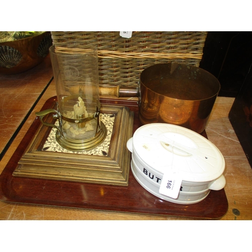 166 - Pottery Butter Box, Copper Sauce Pan, Tile Teapot Stand and a Candle Light