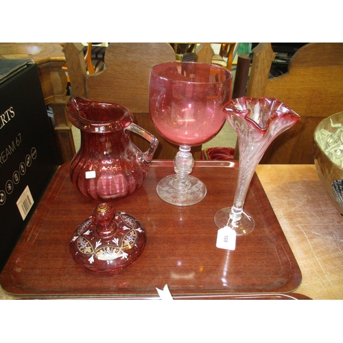 168 - Victorian Ruby Glass Goblet Vase having a Coin in the Knop Pedestal, Ruby Glass Jug, Vase and a Lid