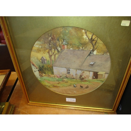 171A - Watercolour of a Country Cottage with a Woman and Chickens, 26cm