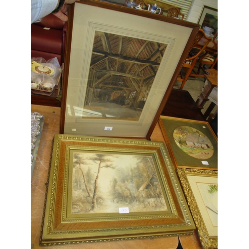 173 - W B Marshall Watercolour of Country Cottages, 27x37cm, along with a Watercolour of a Barn Interior, ... 