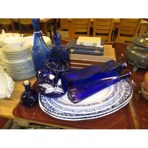 201 - Four Blue and White Ashets and Victorian Blue Glass Hyacinth Vase and 6 Blue Glass Bottles