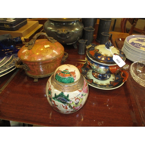 203 - Chinese Crackle Glaze Ginger Jar, Oriental Covered Dish on Stand and a Porcelain Trinket Box