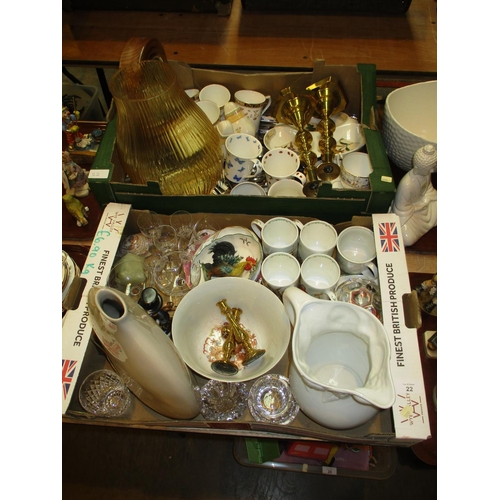 22 - Two Boxes of Ceramics, Glass and Pair of Glass Candlesticks etc