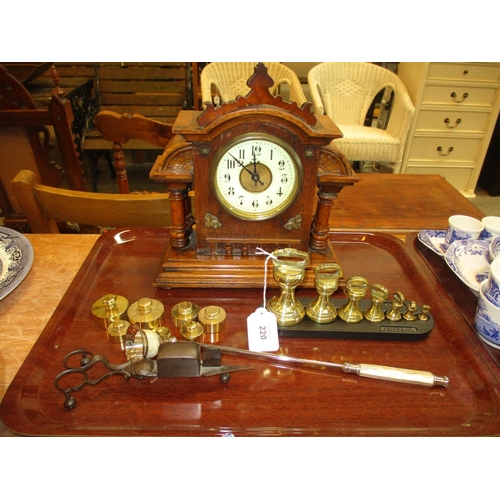 220 - Victorian Mantel Clock, 2 Sets of Brass Weights and 2 Candle Snuffers