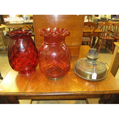 245 - Vintage Brass Oil Lamp with 2 Ruby Glass Shades