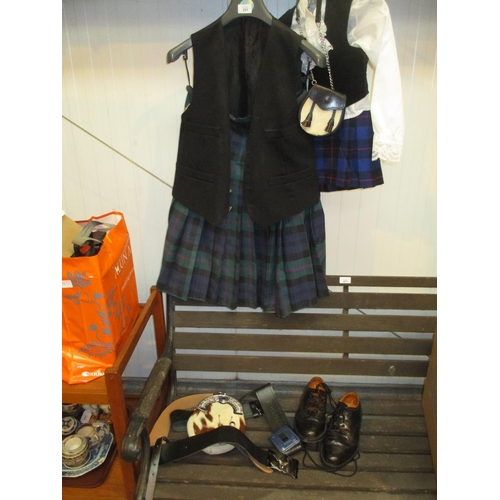 251 - Kilt with Waistcoat, Sporran, 2 Belts, Brogues and Socks, along with a Childs Kilt Outfit