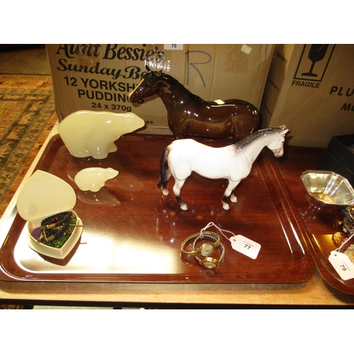 77 - Two Hadeland Glassworks Polar Bears, Beswick and Other Horse, Trinket Box, 2 Watches, Woven Hair Alb... 