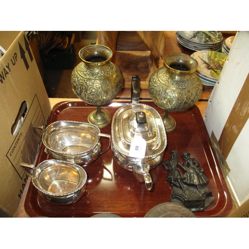 80 - Silver Plated 3 Piece Tea Service, Pair of Indian Brass Vases and Metal Figure Group