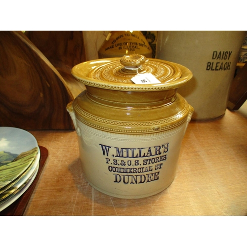 86 - Stoneware Pot for W. Millars PS & CS Stores Commercial St. Dundee, along with a lid