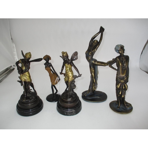 303 - Pair of Bronze Figures of Fairies on Marble Bases, 22cm, along with 3 Other Figures