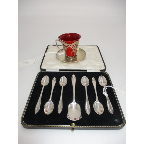 316 - Cased Set of 6 Silver Celtic Point Teaspoons and Sugar Spoon, Sheffield 1931, along with an Art Nouv... 