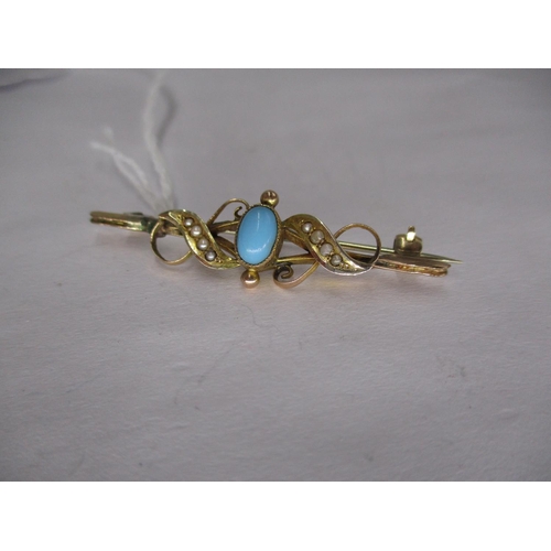 329 - Edwardian 9ct Gold Scroll Brooch Set with an Oval Turquoise and Seed Pearls