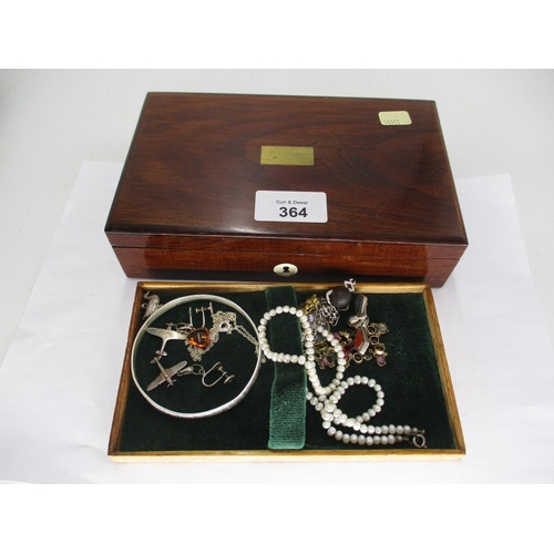 364 - Rosewood Jewel Box with a Pearl Necklace and Other Jewellery