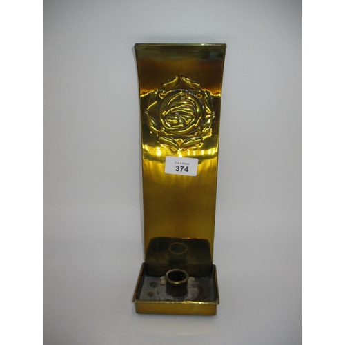 374 - Arts & Crafts Brass Candle Sconce Embossed with The Glasgow Rose, 29cm high, 9cm wide