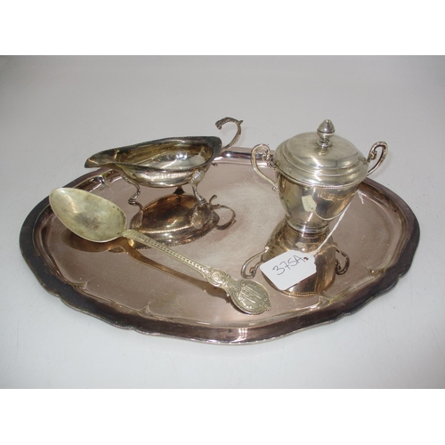 375A - White Metal Oval Tray, Sauce Boat, Spoon and Cup with Cover, 685g