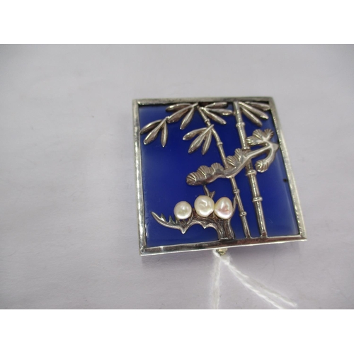 393 - Japanese White Metal and Blue Stone Brooch Set with 3 Pearls