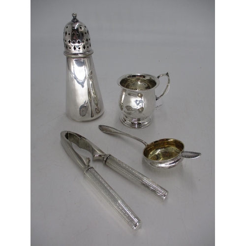 398 - Silver Christening Mug, 45.13g, Silver Plated Sugar Caster, Nut Cracks and a Tea Strainer