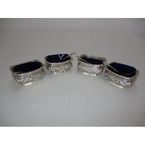 399 - Set of 4 Silver Salts with Blue Glass Liners and 4 Associated Spoons, Chester 1900, 162.88g