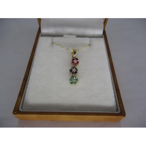 425 - 10ct Gold Ruby, Sapphire, Emerald and Diamond Pendant with 9ct Gold Chain