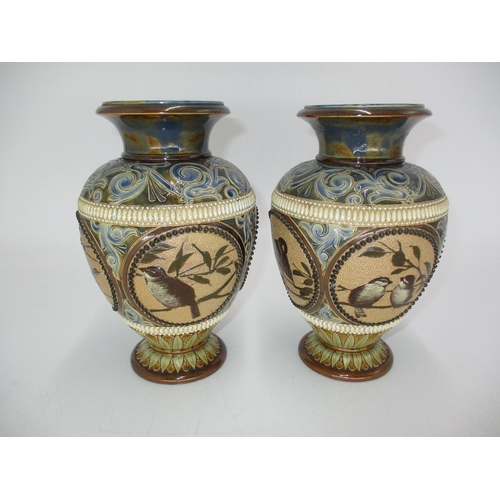 435 - Pair of Doulton Lambeth Vases having Pate-Sur-Pate Bird Decorated Panels, Monogrammed Florence E Bar... 