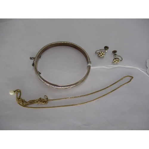 435E - 9ct Gold Necklace, 2.7g, with a Pendant, Pair of Ear Clips and a Silver Bangle