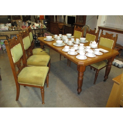 498 - Victorian Oak Extending Dining Table with Leaf, Handle and 6 Chairs