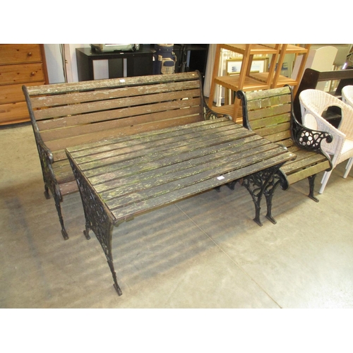 501 - Cast Metal and Wood Garden Bench, Chair and Table