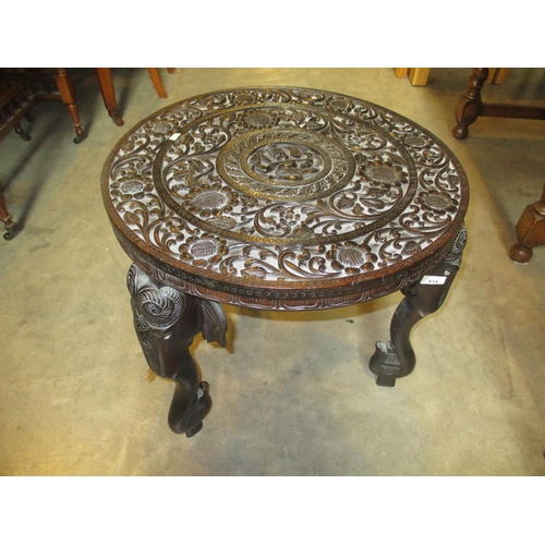 514 - Indian Carved Wood Coffee Table on Elephant Supports, 53cm