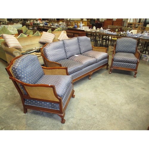 527 - Mahogany and Double Caned Bergere 3 Piece Suite