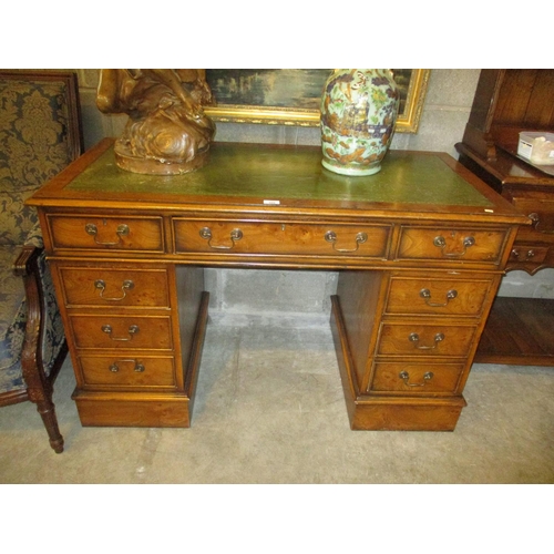 599 - Figured Walnut and Green Leather Double Pedestal Desk, 121x60cm