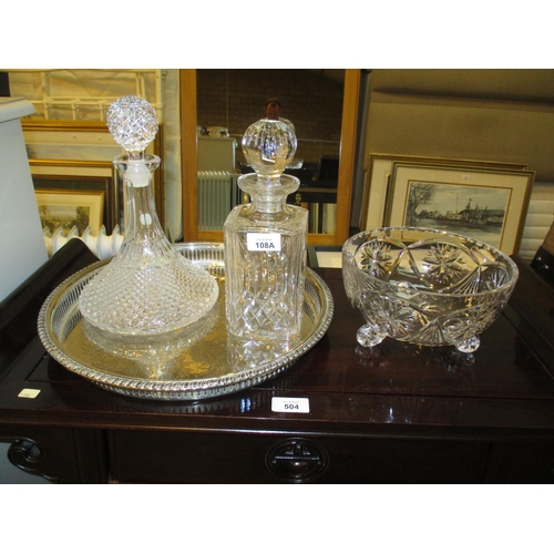 108A - Silver Plated Gallery Tray with Crystal Ship and Whisky Decanters and a Bowl