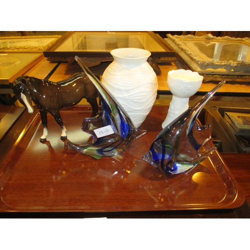 181B - Beswick Horse, Kaiser Porcelain Vase and Candlestick and 2 Glass Fish