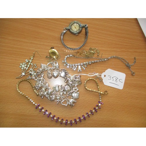 358C - Silver Charm Bracelet, Watch and Costume Jewellery