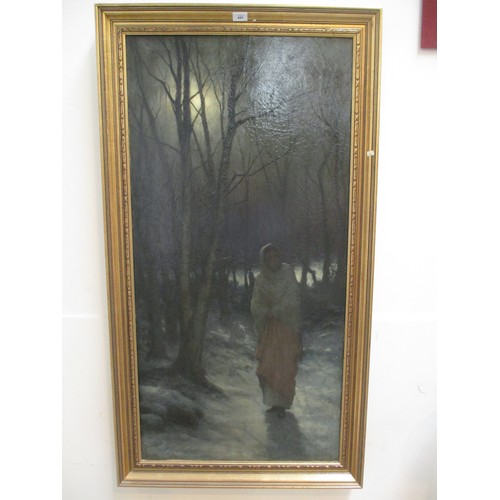 441 - Unsigned, Oil on Canvas, Figure in a Winter Scene, 121x60cm