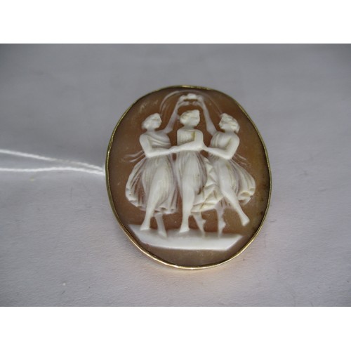 343 - Oval Shell Cameo Brooch Carved with The Three Graces in 9ct Gold Mount