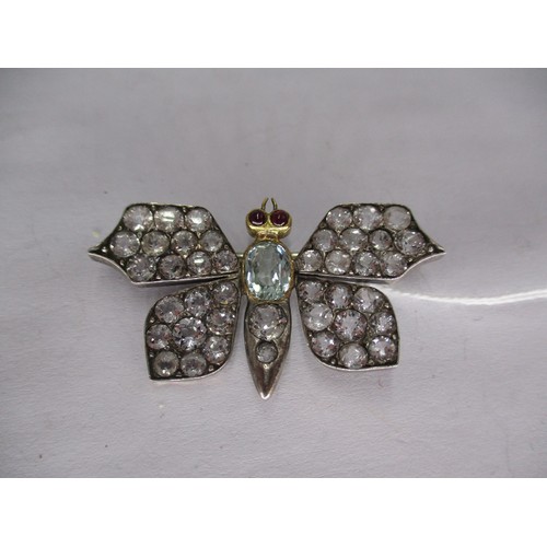 344 - Late Victorian Butterfly Brooch with a Central Faceted Oval Aquamarine, Cabochon Ruby Eyes and Spine... 