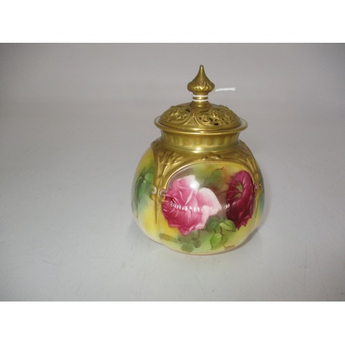 301 - Royal Worcester Porcelain Rose Painted Pot Pourri, 11cm