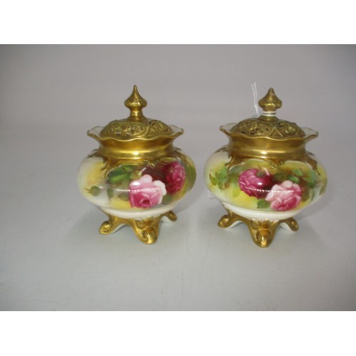 302 - Two Royal Worcester Porcelain Rose Painted Pot Pourri, 10cm, both lids repaired