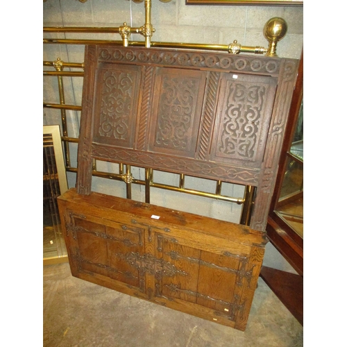 118 - Oak Wall Cabinet with Ornate Iron Work, 105x57x13cm, along with a Carved Oak Panel