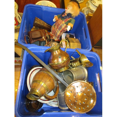 155 - Two Boxes with Copper, Brass, Ceramics, Camera, Clown Doll, Wooden Items etc