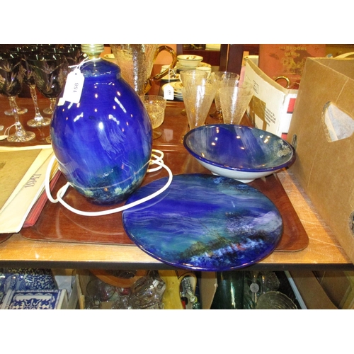 158 - Highland Stoneware Blue Rock Pool Lamp, Bowl and Plate