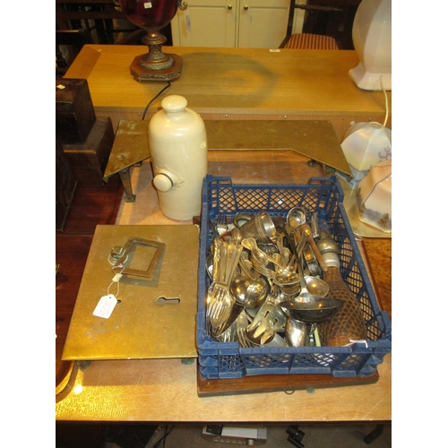 200 - Brass Footman, Brass Door Furniture, Hot Water Bottle and a Box of Silver Plated Cutlery