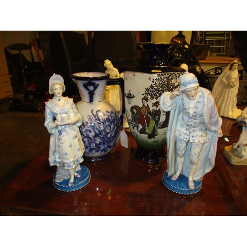 212 - Pair of 19th Century Continental Porcelain Meissen Type Figures, 23cm, along with a Pottery Vase and... 